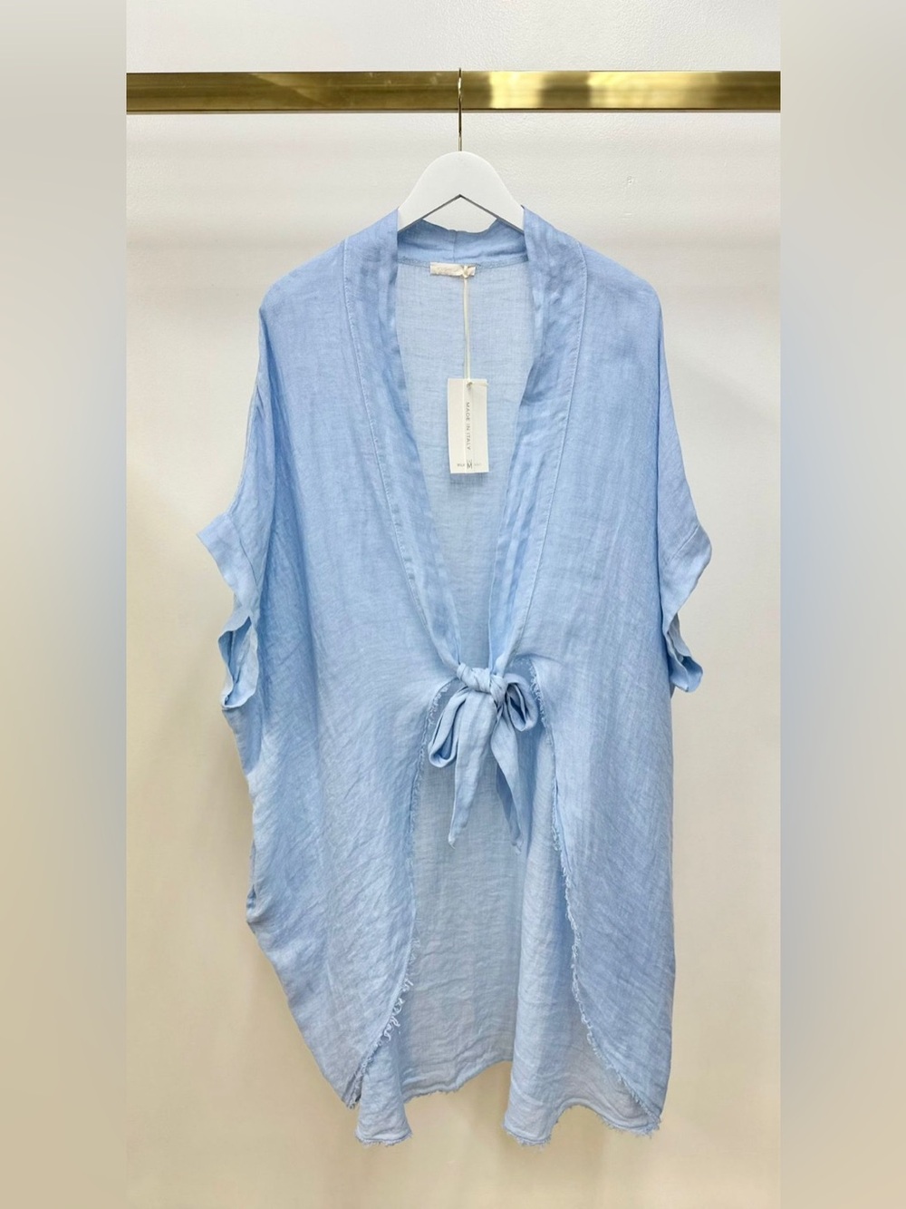 (155153/E3150-SKY) LINEN FRINGE HEM TIE-FRONT KIMONO WITH POCKETS